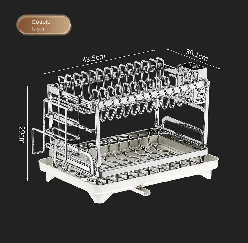Stainless steel double-layer dish rack with white base tray for bowls and plates, Simples Market