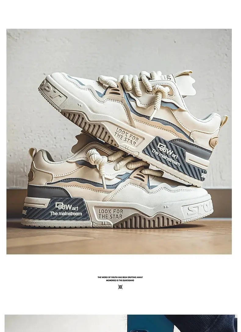 Men's trendy skate shoes by Simples Market, beige sneakers with a chunky sole and blue accents (pair)