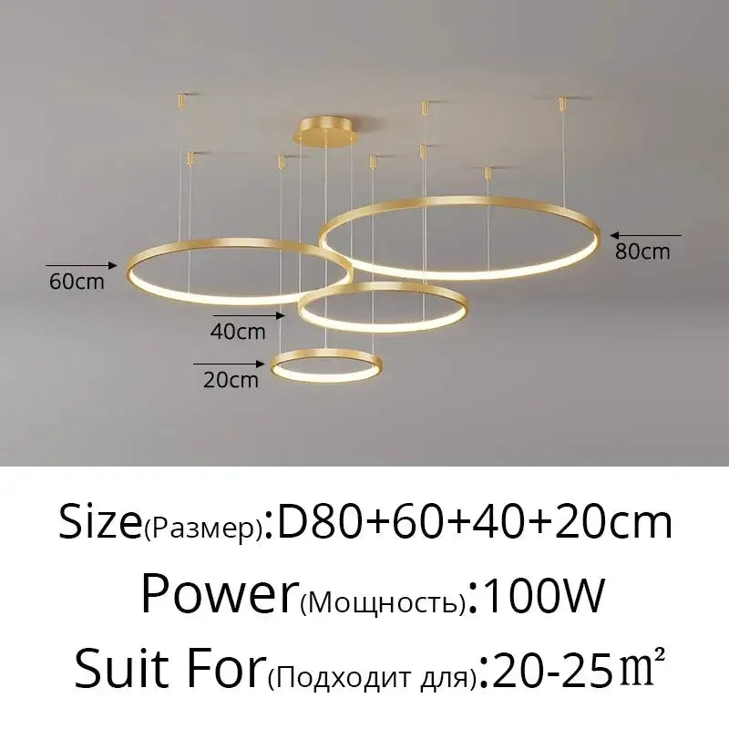 Minimalist gold LED pendant light Simples Market with four nested circular rings for living room (80/60/40/20 cm), 100W
