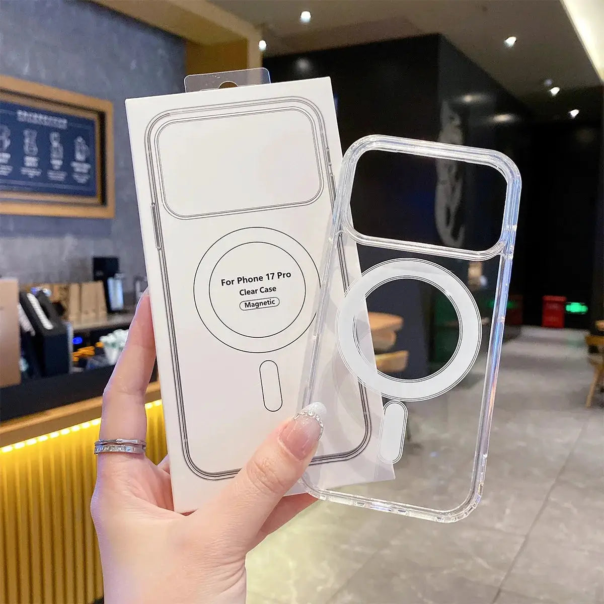 Clear MagSafe iPhone case by Simples Market with magnetic ring, boxed