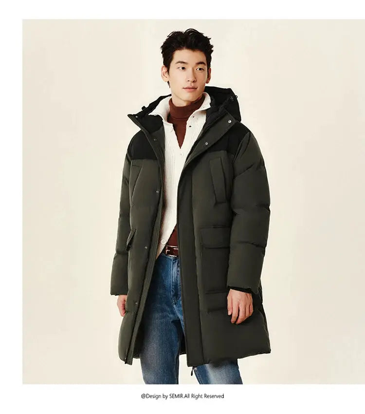 Semir down jacket for men in dark green, long-length waterproof puffer with hood by SEMIR