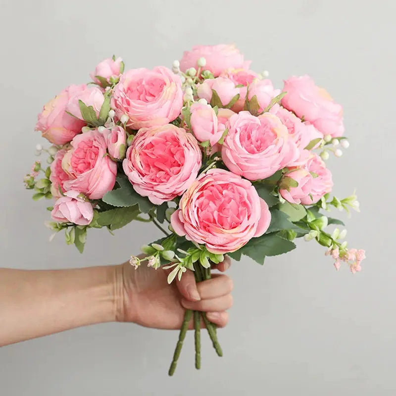 30cm Rose Pink Silk Peony Bouquet With Five Large Heads And Four Buds For Wedding And Home Decor Artificial Flower