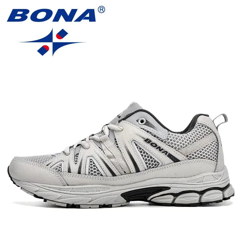 BONA men's running shoes, gray mesh and microfiber upper, lace-up outdoor sneakers