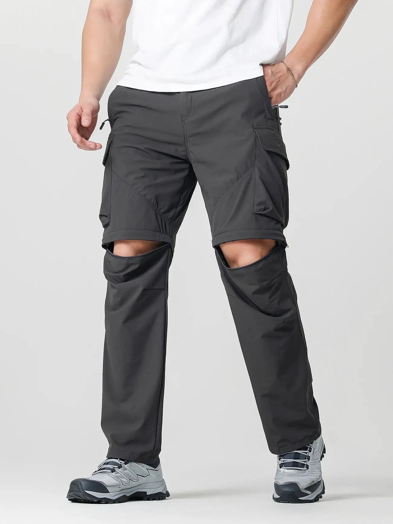 Simples Market men's cargo hiking pants, dark gray, lightweight waterproof with zip-off legs for outdoor adventures.