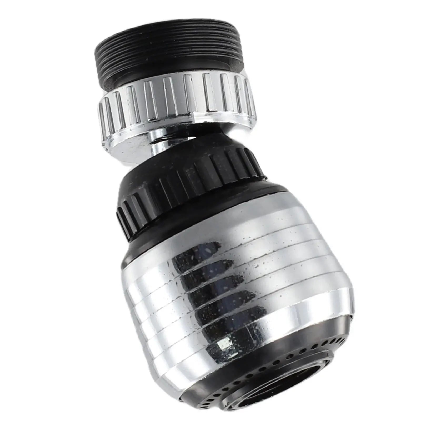 Water saver faucet aerator adapter by Simples Market, chrome with black rotating swivel.