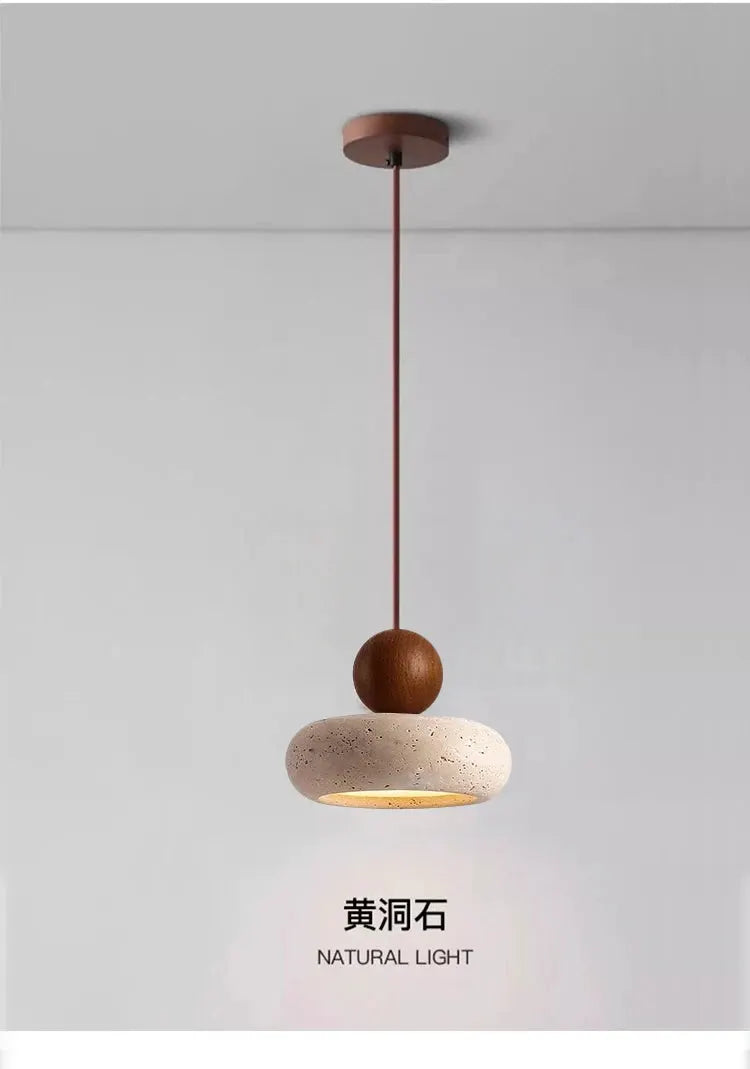 Vintage pendant light with natural yellow agate stone, wooden bead detail, warm downward glow