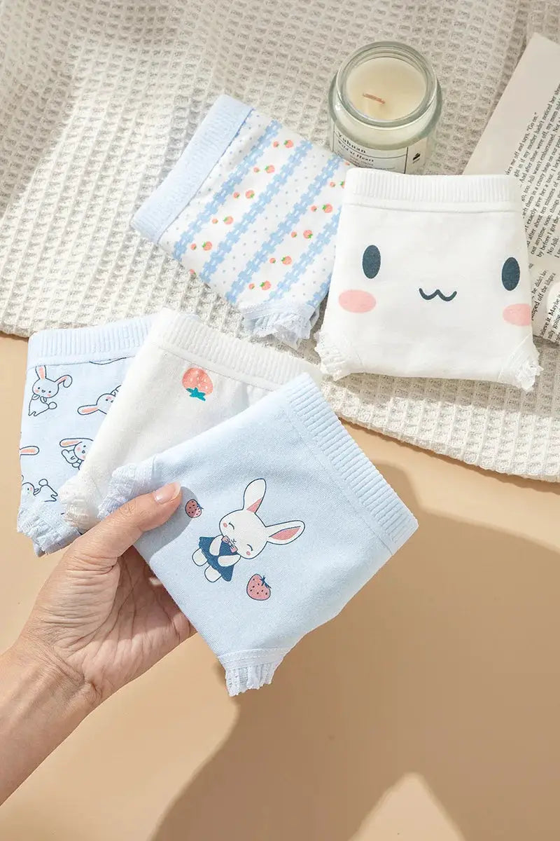 5Pcs cotton rabbit print womens panties set, breathable soft underwear in pastel blue/white with strawberry accents
