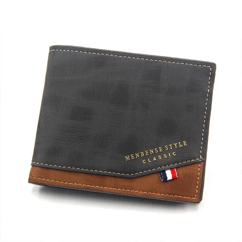 Men's frosted black leather wallet with brown trim and gold MENBENSE STYLE CLASSIC logo, slim card holder