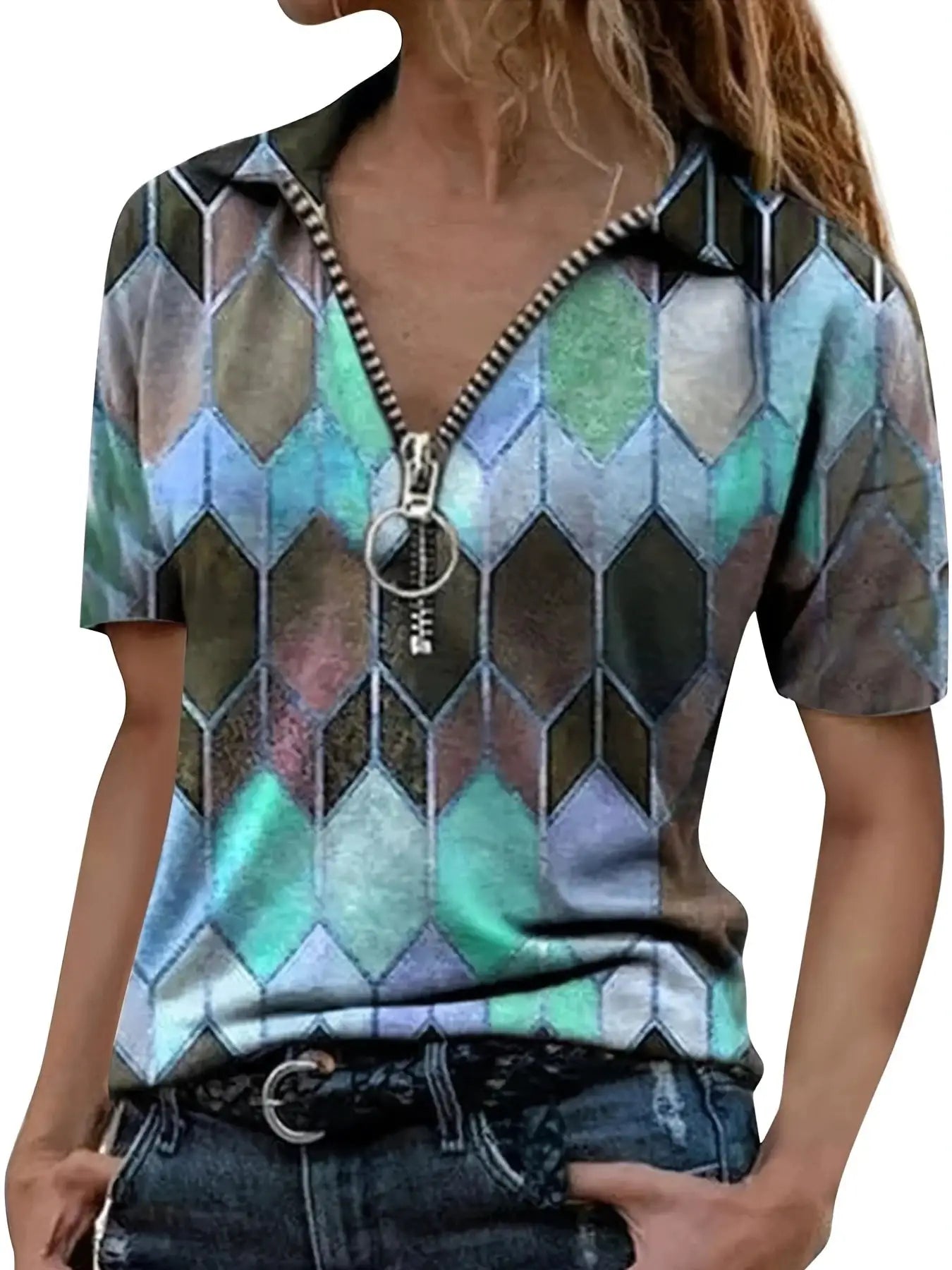 Versatile All Season Women's Polo Shirt With Zip And Geometric Pattern