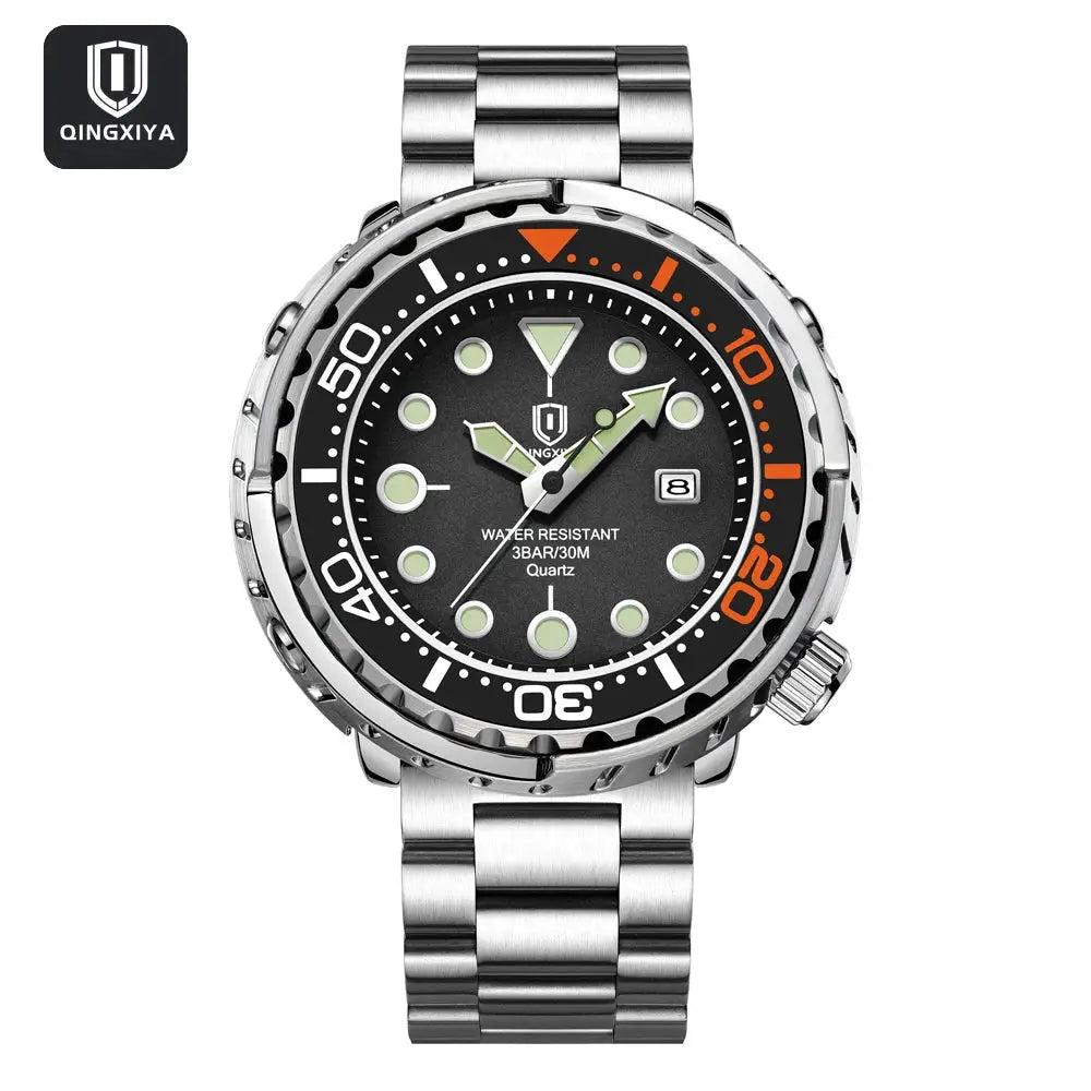 Men's stainless steel dive watch by QINGXIYA with black dial, luminous markers, date, 30m water resistant
