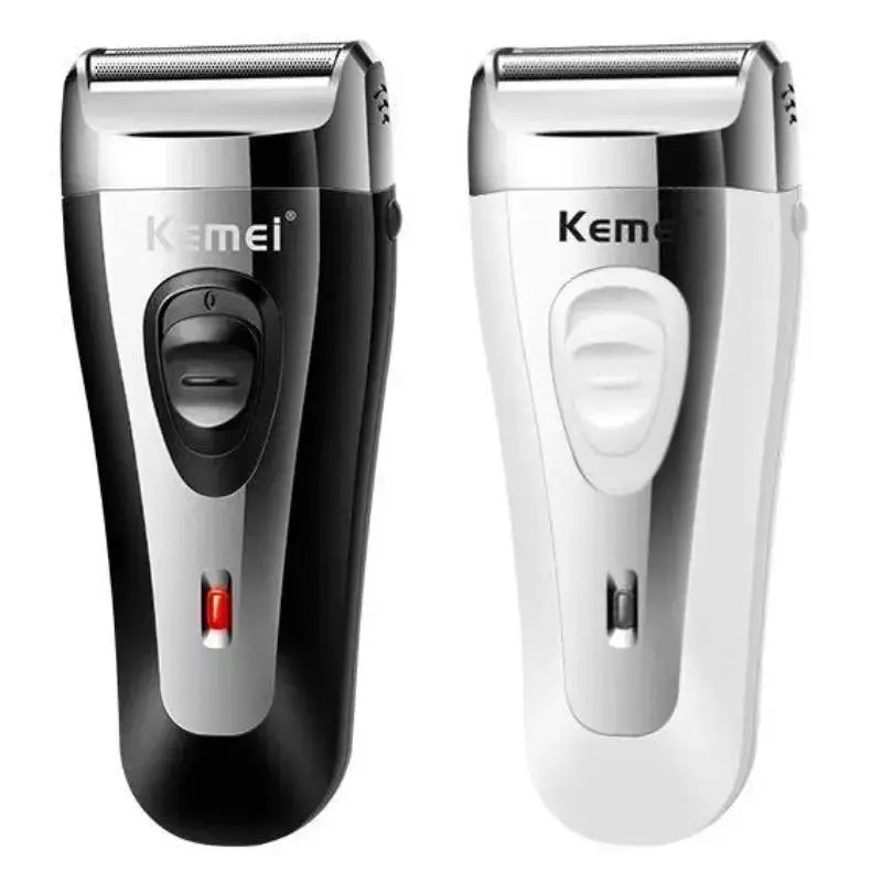 Two Kemei cordless foil shavers for men in black and white, USB rechargeable