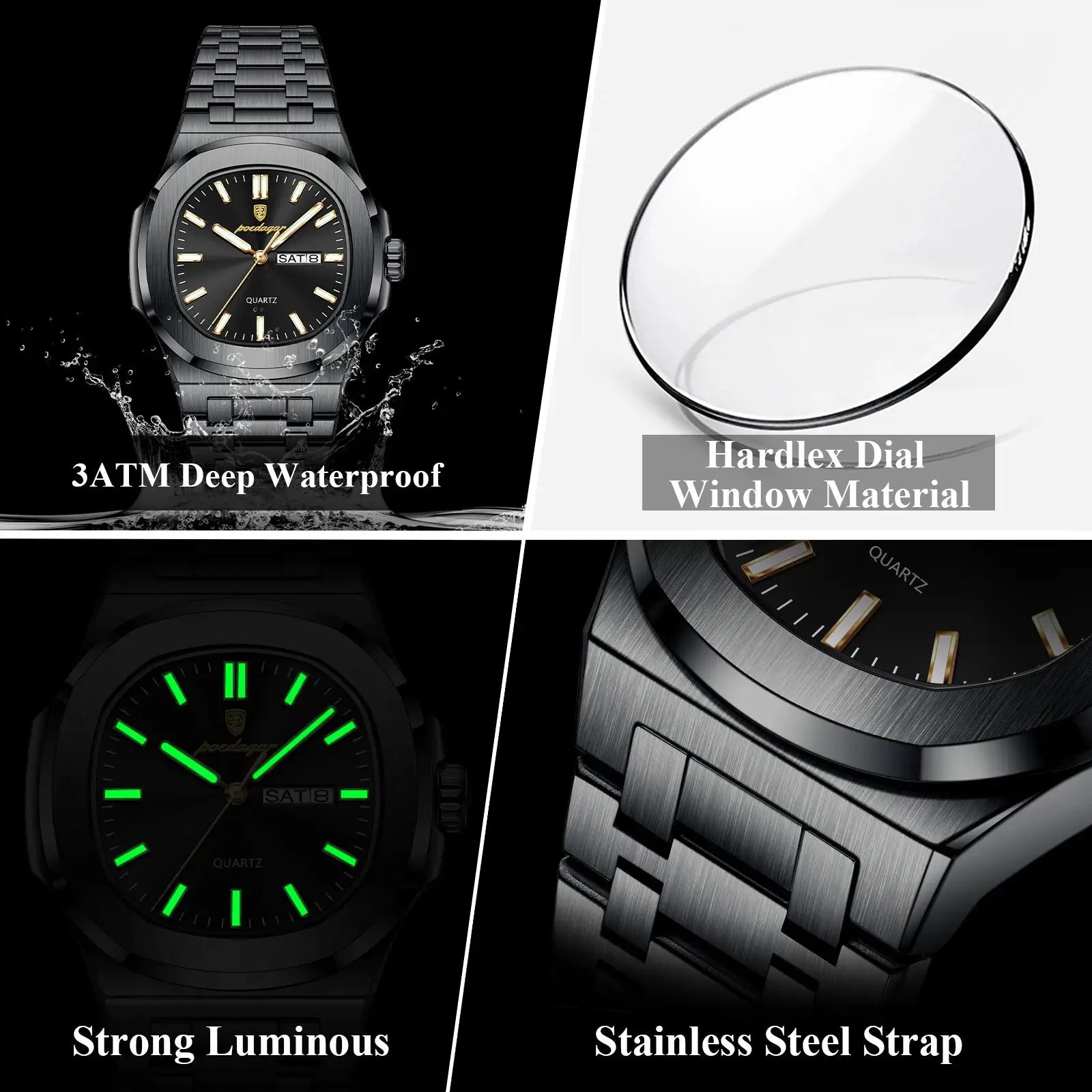 POEDAGAR square men's watch with stainless steel case, black dial, luminous markers, date window, 3ATM waterproof