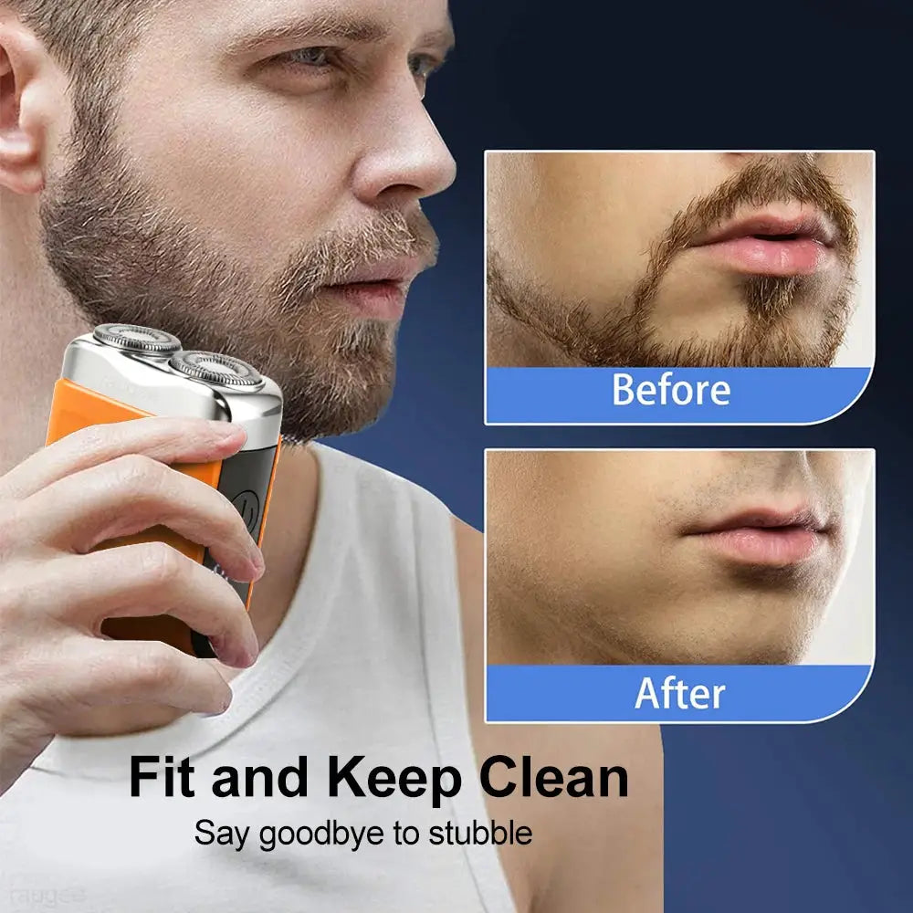 Simples Market mini electric shaver for men; portable orange-gray dual-blade razor with before and after beard images