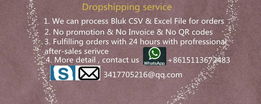 Dropshipping service infographic with steps and contact info, WhatsApp and email icons.
