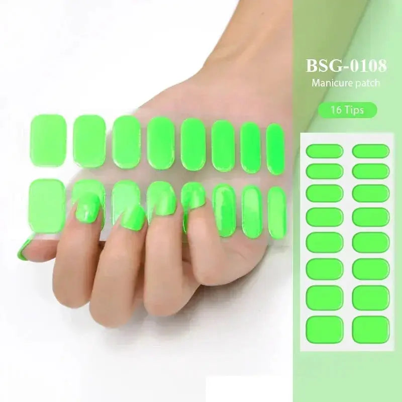 Gel nail wraps 16 neon-green tips for full-coverage manicure, UV lamp ready, DIY waterproof long-lasting set