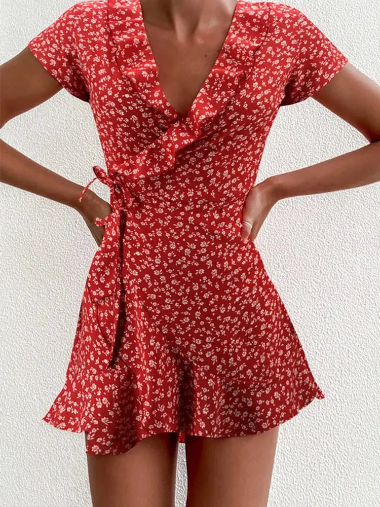 Summer Floral A Line Dress For Women V Neck Ruffles Mini Dress