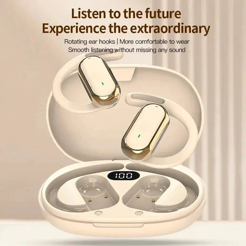 Bluetooth 5.4 Earphones by Simples Market in white-gold with charging case and digital display