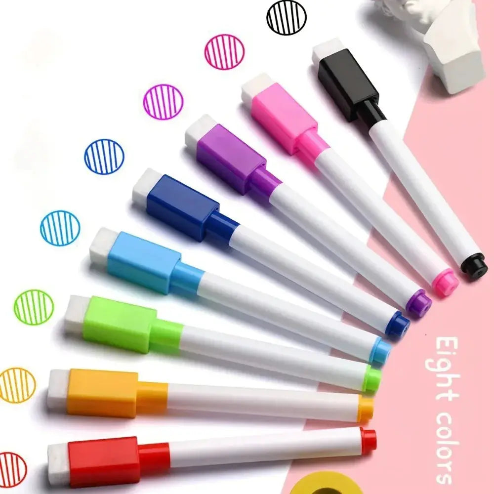 8-pack eraser-style whiteboard markers with white bodies and colored caps