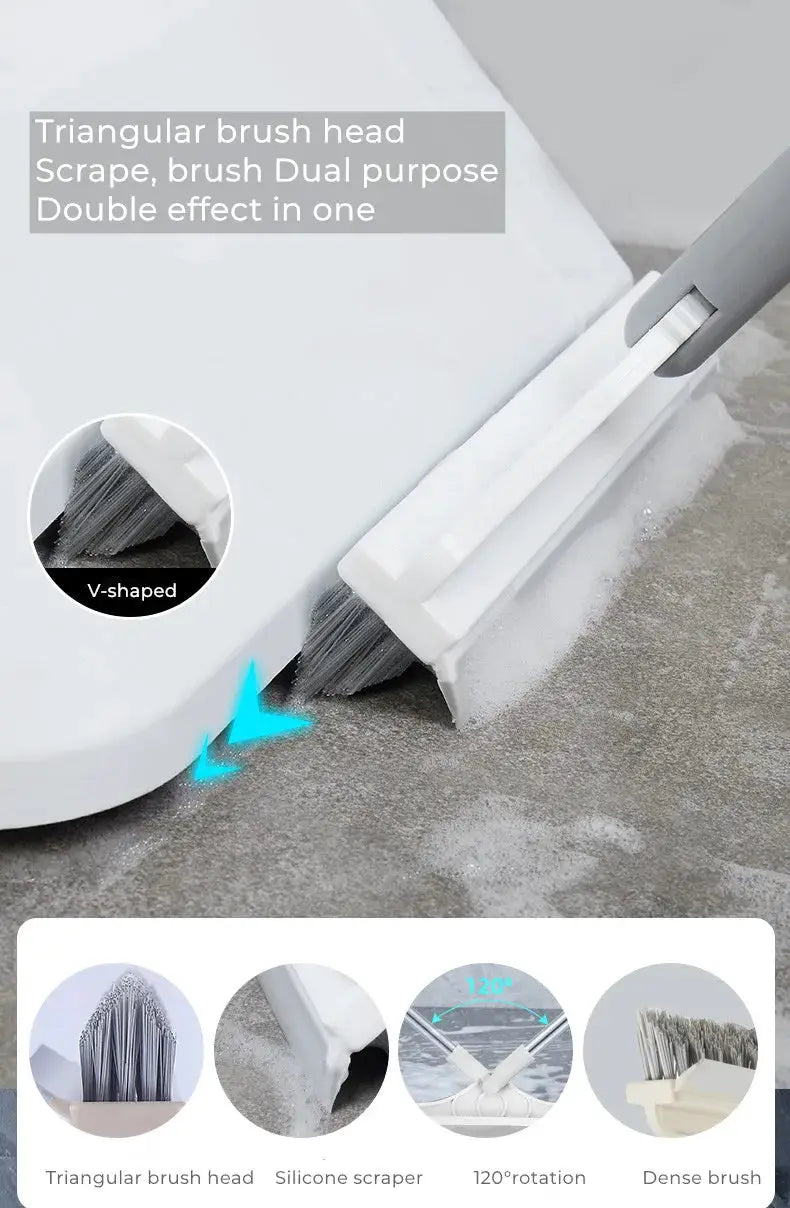 Bathroom floor brush with long grey handle and white V-shaped triangular head for tile and wall cleaning.