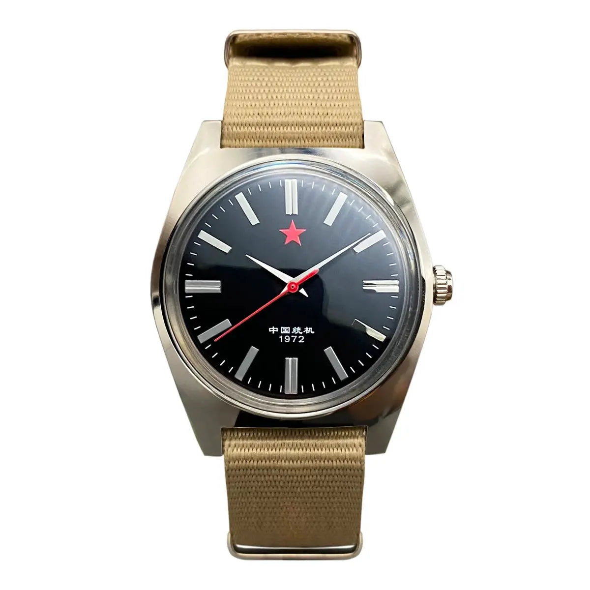 Men's mechanical wristwatch with black dial, red star, silver hour markers, gold-tone case and beige fabric strap
