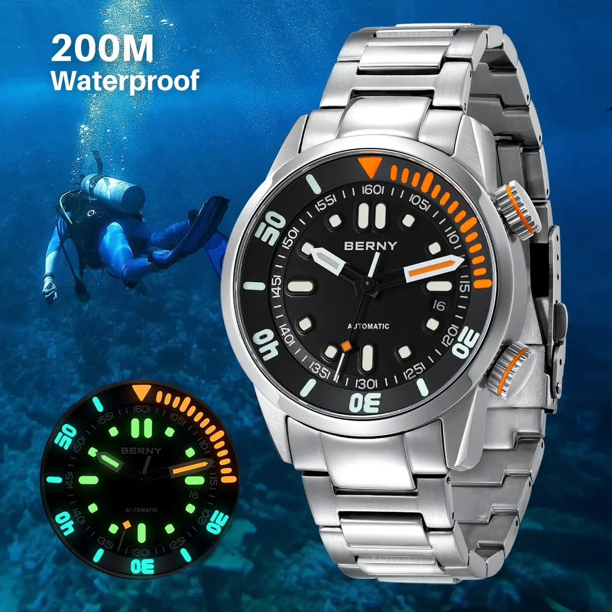 BERNY automatic dive watch for men, stainless steel, black dial with luminous markers, 200m waterproof