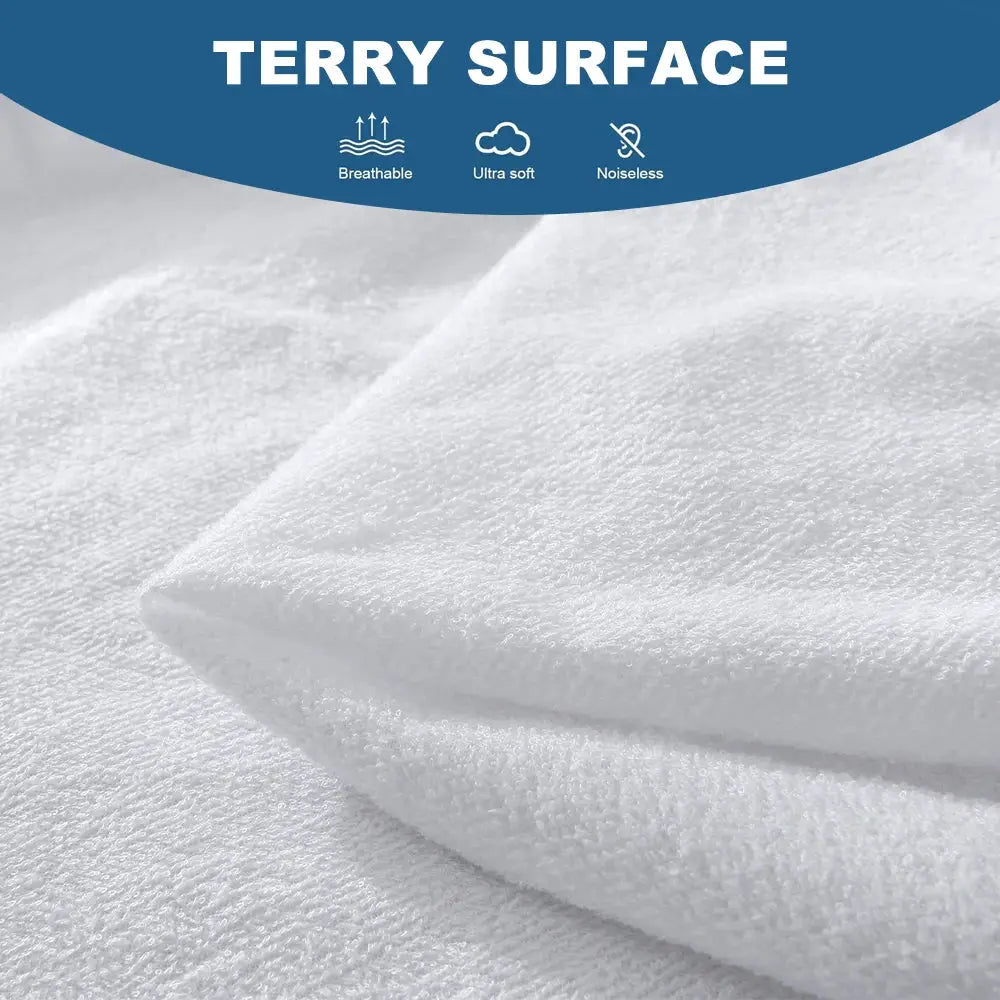 1pc Terry cloth waterproof elastic fitted sheet in white with deep pocket; breathable mattress protector