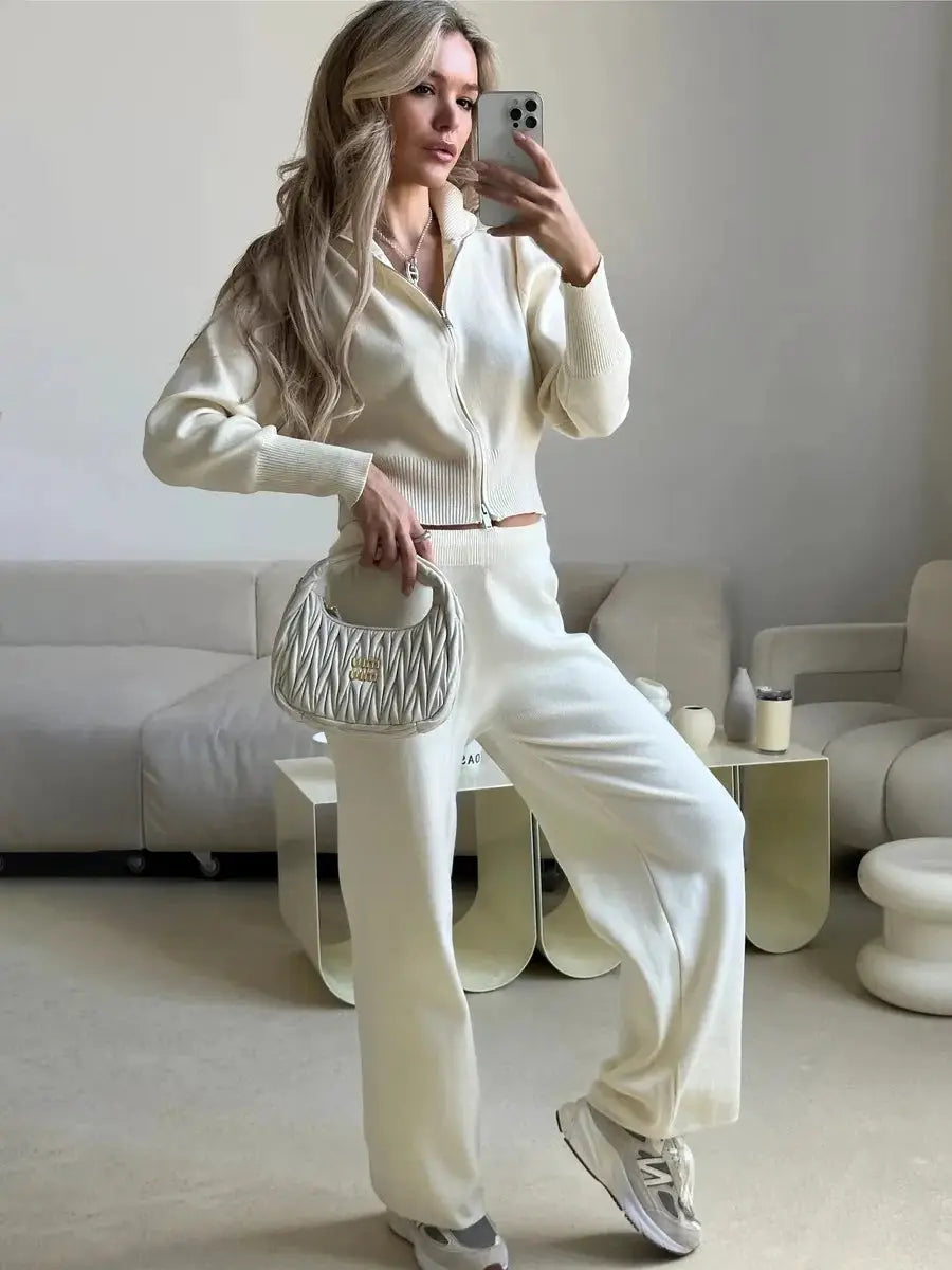 Bornladies Knit Zip Up Cropped Cardigan With Wide Leg Pants Set Women