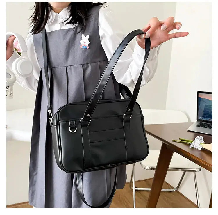 Japanese style JK bag for women, black PU leather shoulder bag with dual straps