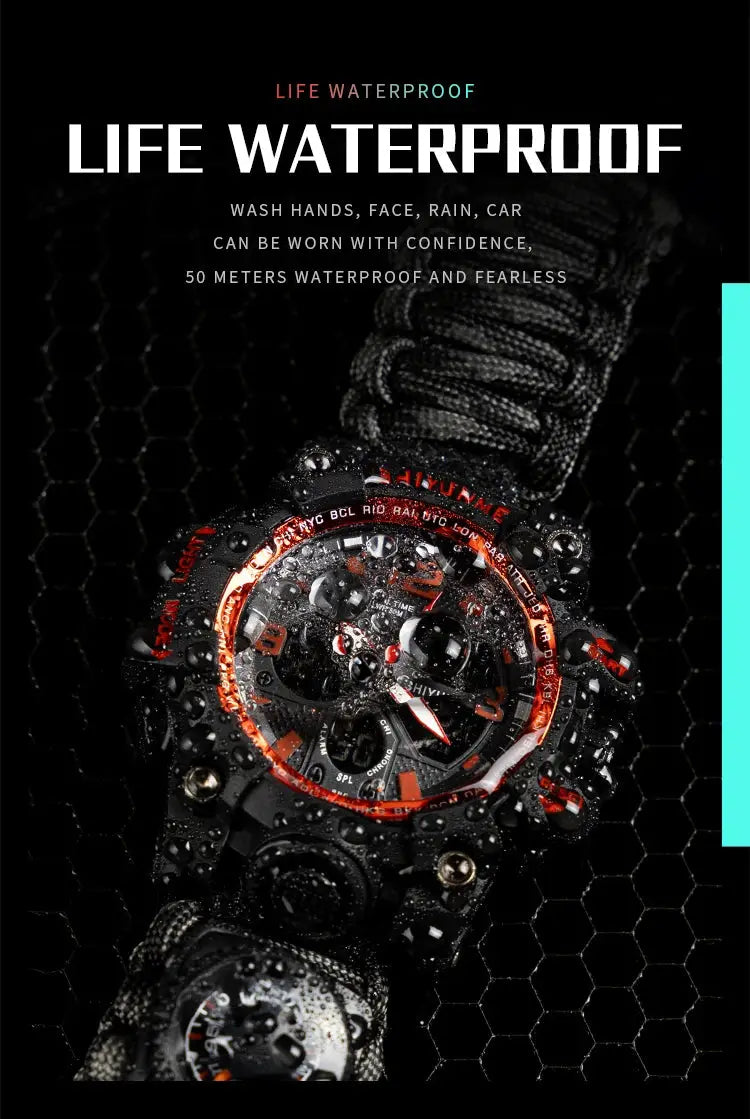 Men's SHIYUNM military-style digital watch with orange bezel and black paracord strap, waterproof