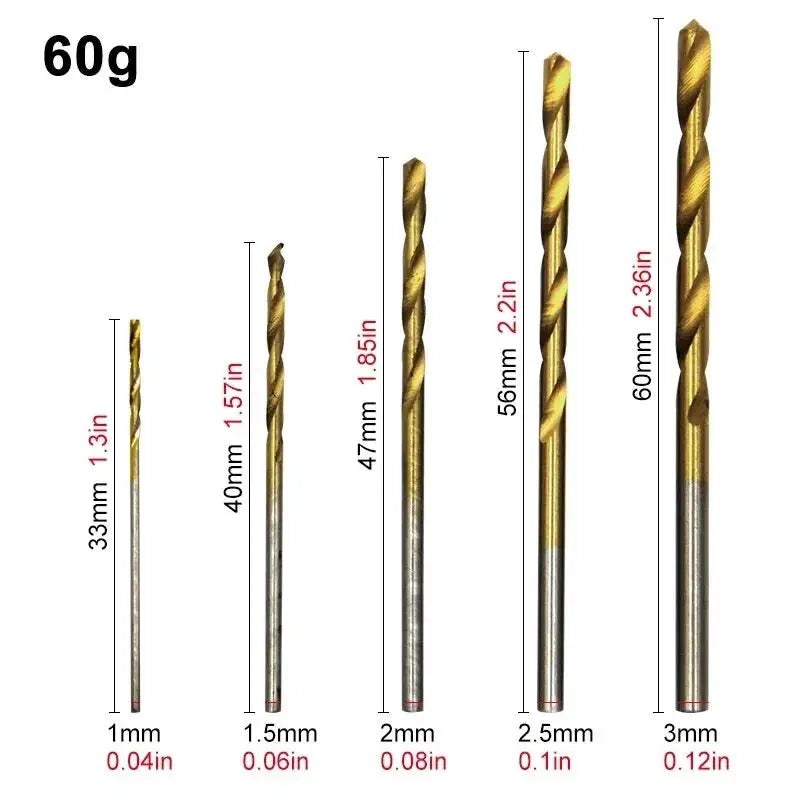 100 Piece Titanium Plated Twist Drill Bit Set 1 To 3mm For Wood And Metal Hand And Electric Drills