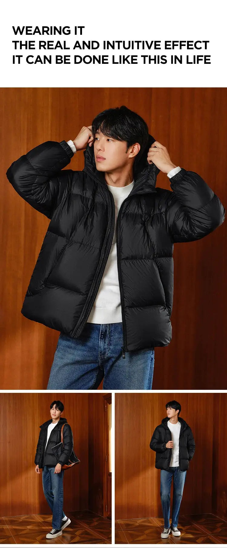 Semir men's black hooded down jacket, solid-color puffer outerwear