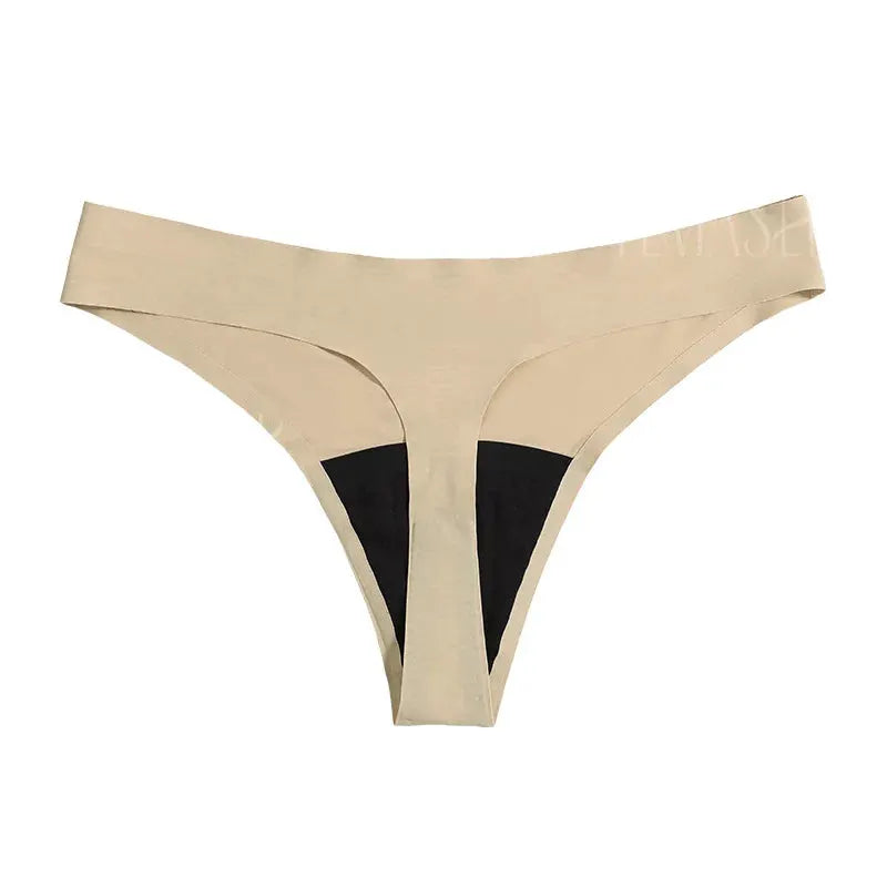 Menstrual thong panty, seamless low waist, 4-layer leak-proof design, beige with black panels