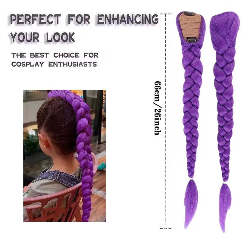 Two purple KPop anime cosplay wigs for kids, 26-inch braided ponytails with clips