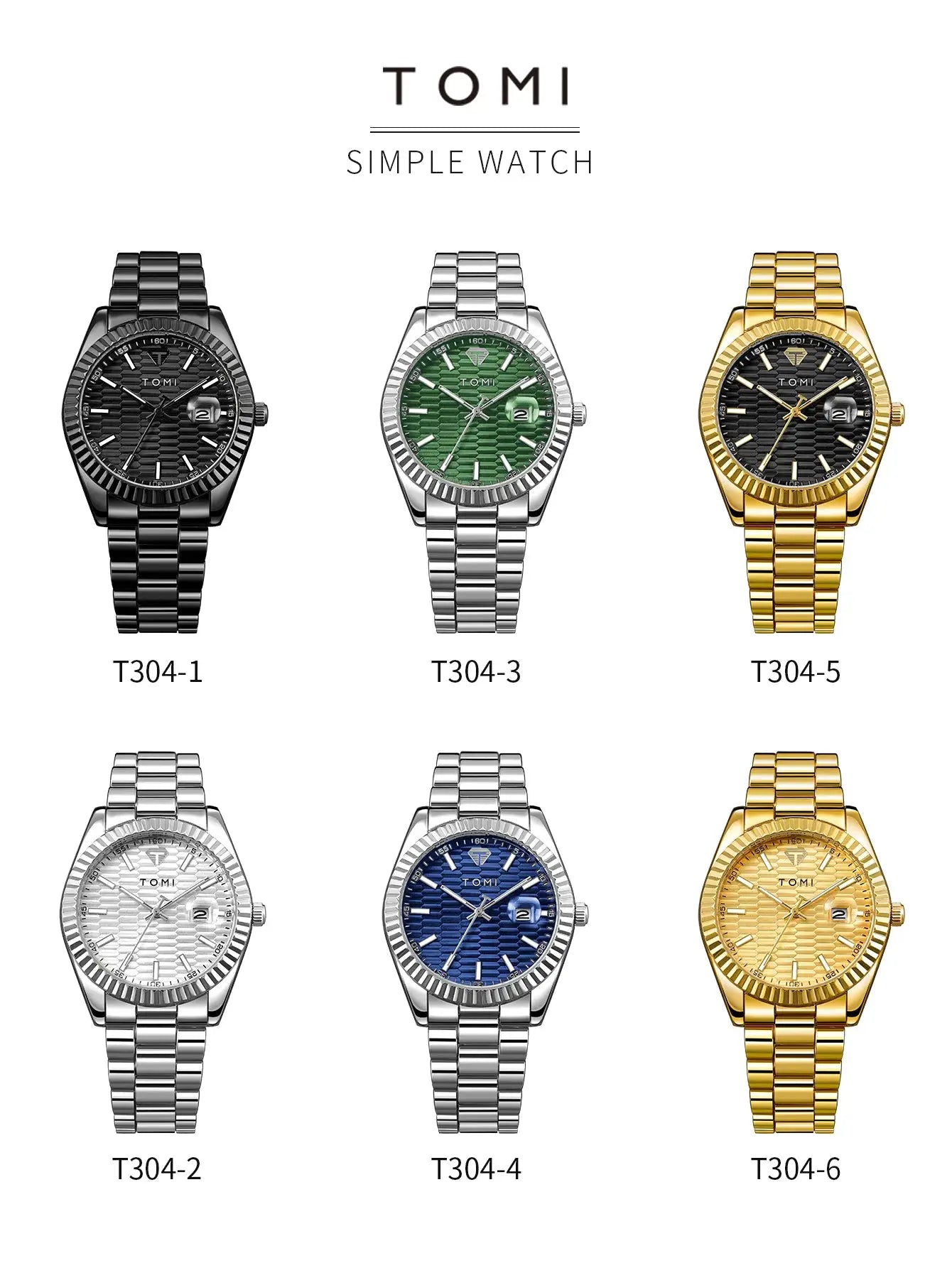 TOMI men's stainless steel watches collection, 9 timepieces with date window
