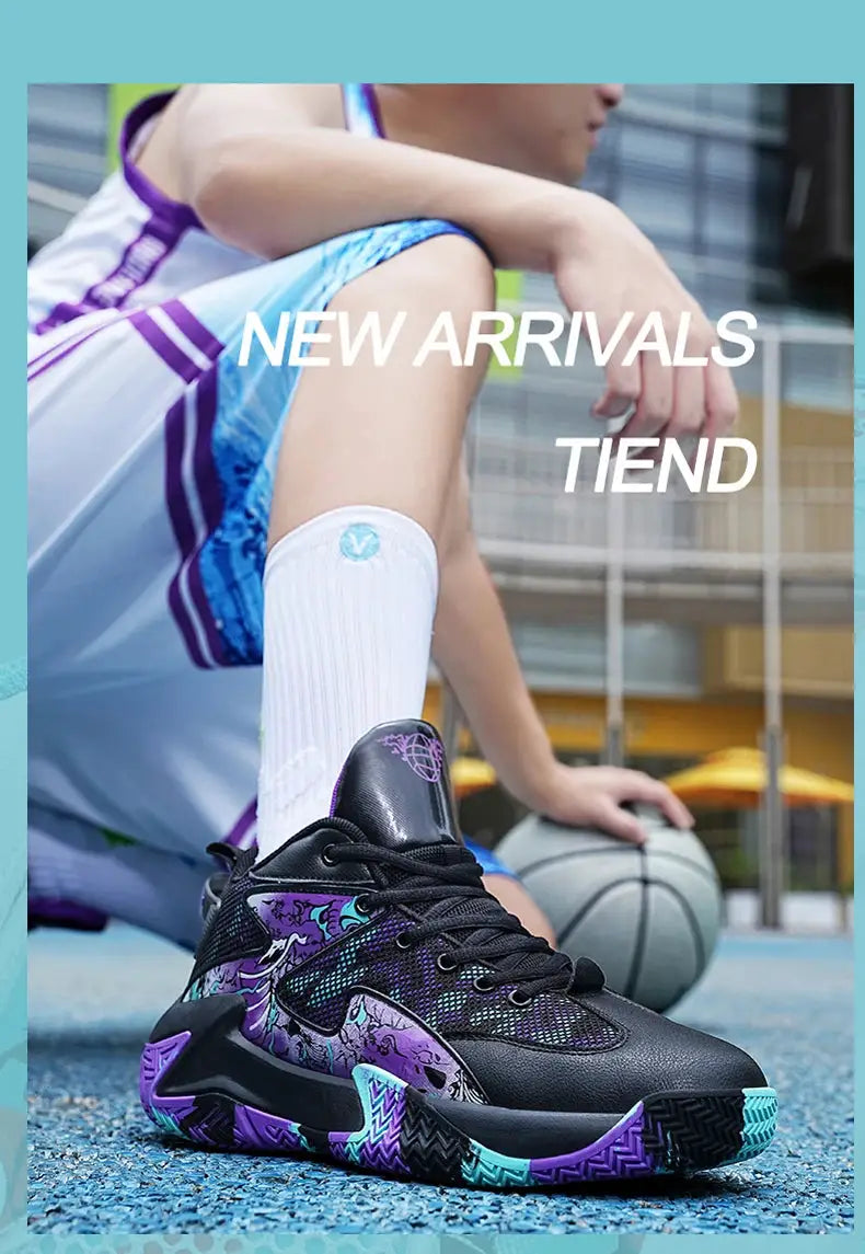 Men's sneakers, black mesh with purple-teal graphic accents and a chunky sole