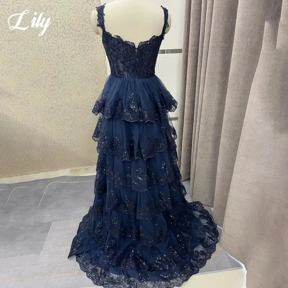 Lily Navy Blue Sweetheart A Line Dress Tiered Pleats Spaghetti Strap