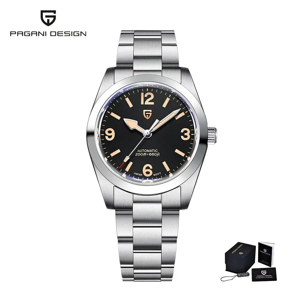 Pagani Design 36mm automatic stainless steel watch with black dial, AR-coated sapphire, 200m water resistance, box set