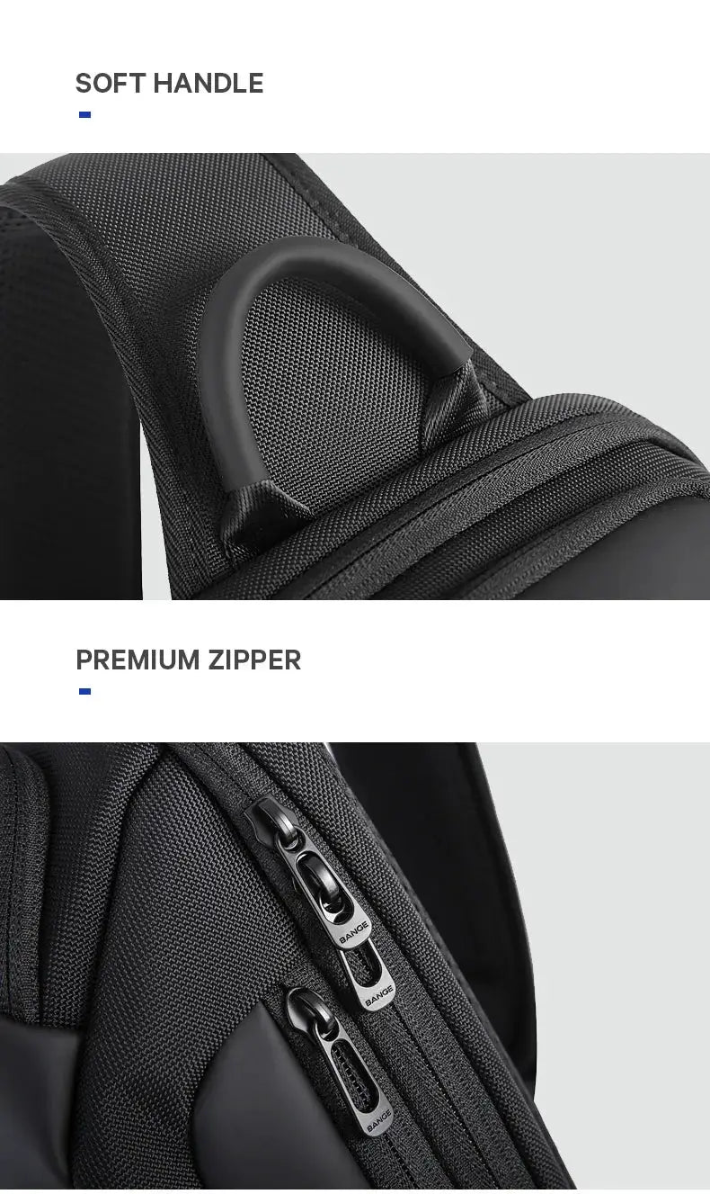BANGE chest bag crossbody in black Oxford waterproof fabric with premium metal zippers