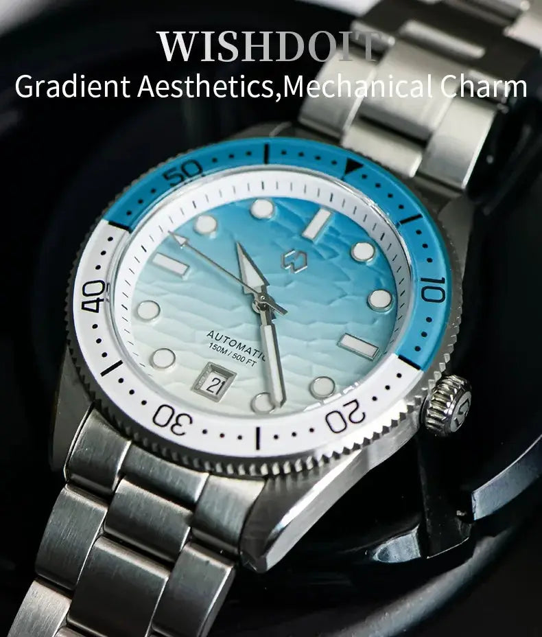 WISHDOIT men's automatic dive watch with ocean blue ripple dial, white bezel, stainless steel bracelet