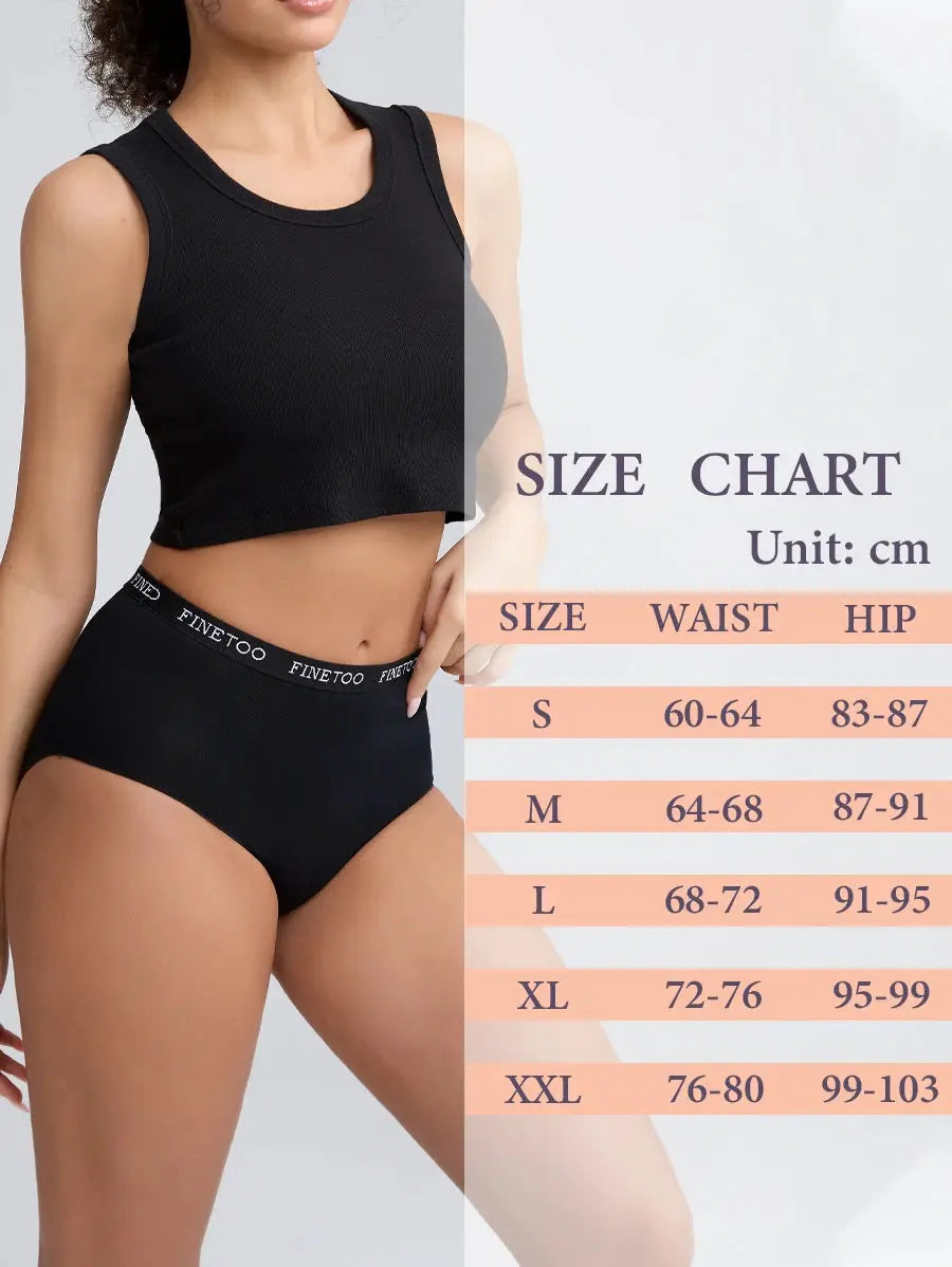 4-piece black cotton high-waist seamless panties with elastic waistband; brand FINE TOO on the waistband.