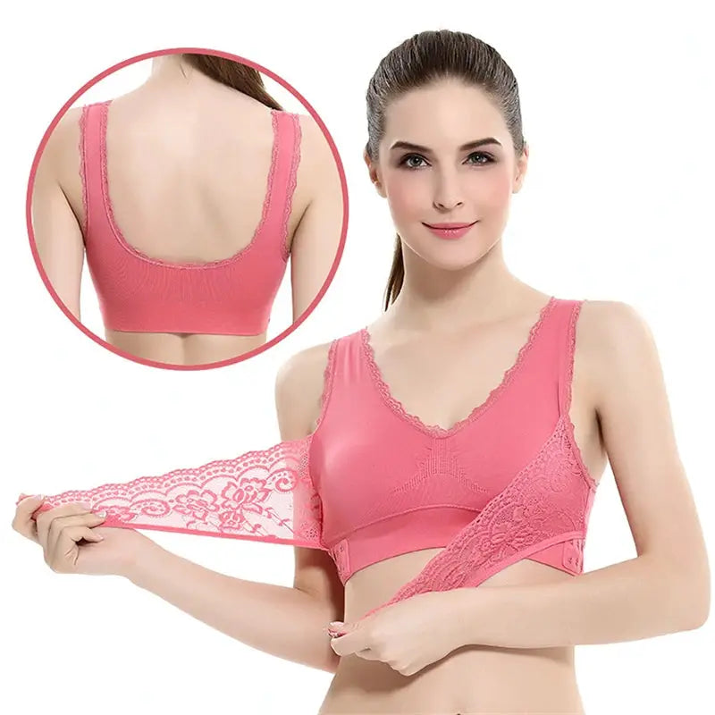 Pink lace cross-side buckle sports bra bralette, seamless wireless 4XL from Simples Market