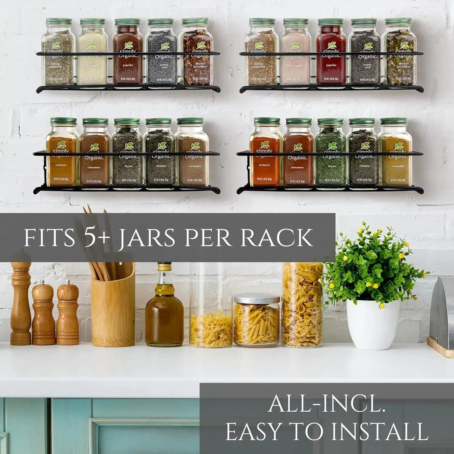 Iron wall-mounted spice rack organizer, black metal shelves holding 5+ jars per rack