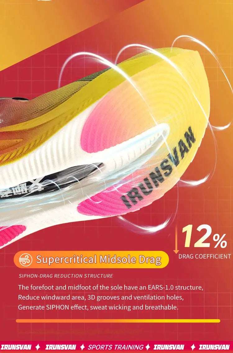 IRUNSVAN nylon carbon plate marathon running shoes; neon yellow and pink accents, lightweight training sneakers