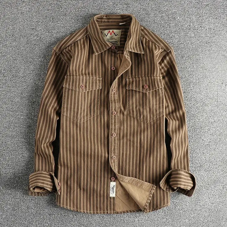 Long-sleeve brown striped corduroy shirt with two chest pockets and button-down front, Simples Market