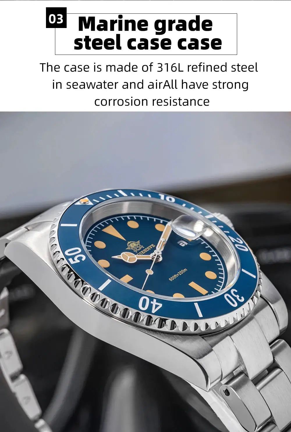 ADDIESDIVE 41mm men's quartz dive watch with blue dial and bezel, luminous hands/markers, stainless steel case