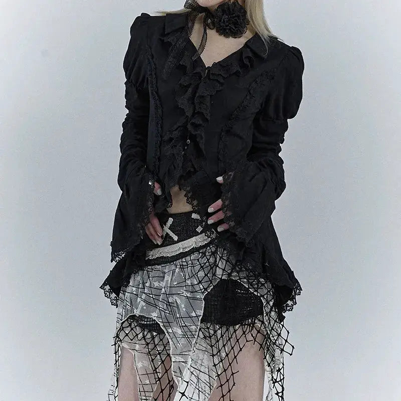 Karrcat Gothic Black Lace Shirt with ruffled front and puff sleeves, black aesthetic top