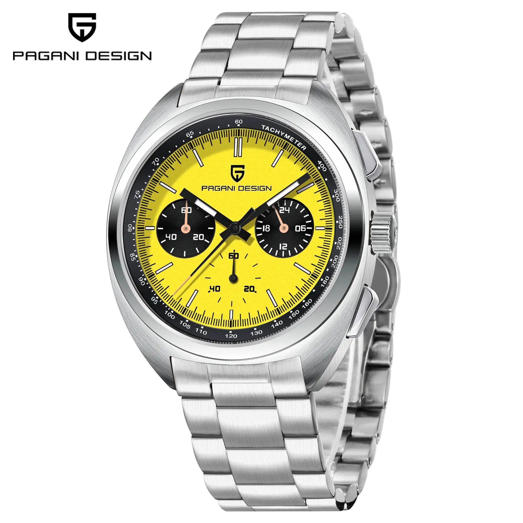 Pagani Design men's stainless steel chronograph watch with yellow dial and tachymeter bezel
