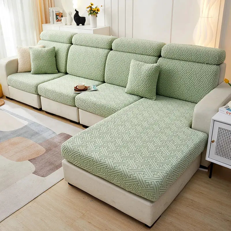 Mint green jacquard sectional sofa slipcovers with chaise, stretchable protection for pets and kids.