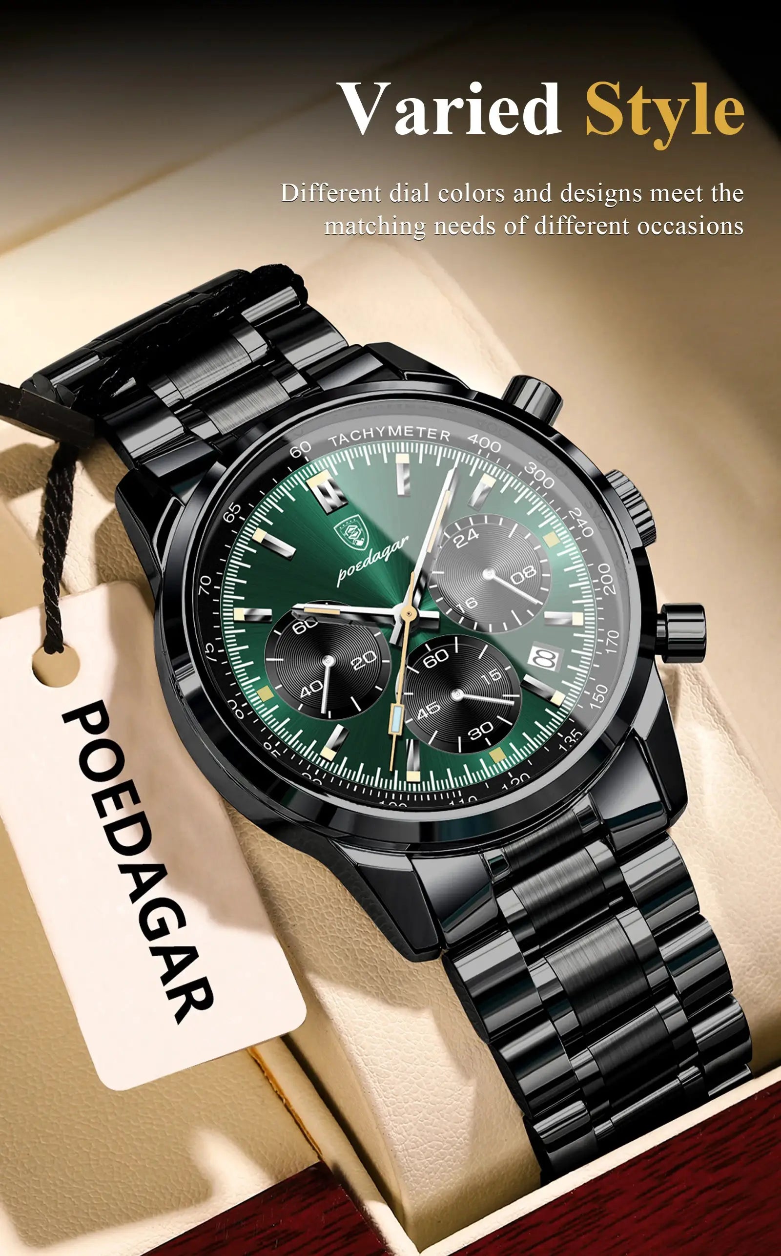 POEDAGAR men's luxury watch with green dial, black stainless-steel bracelet and chronograph