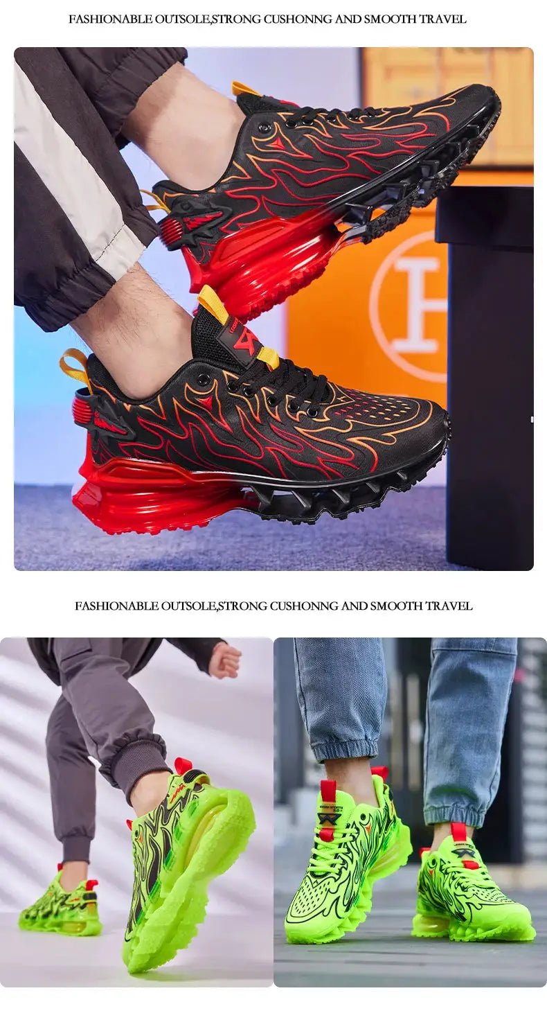 Men's sneakers, two colorways: black with red flame pattern and neon green variant, breathable uppers